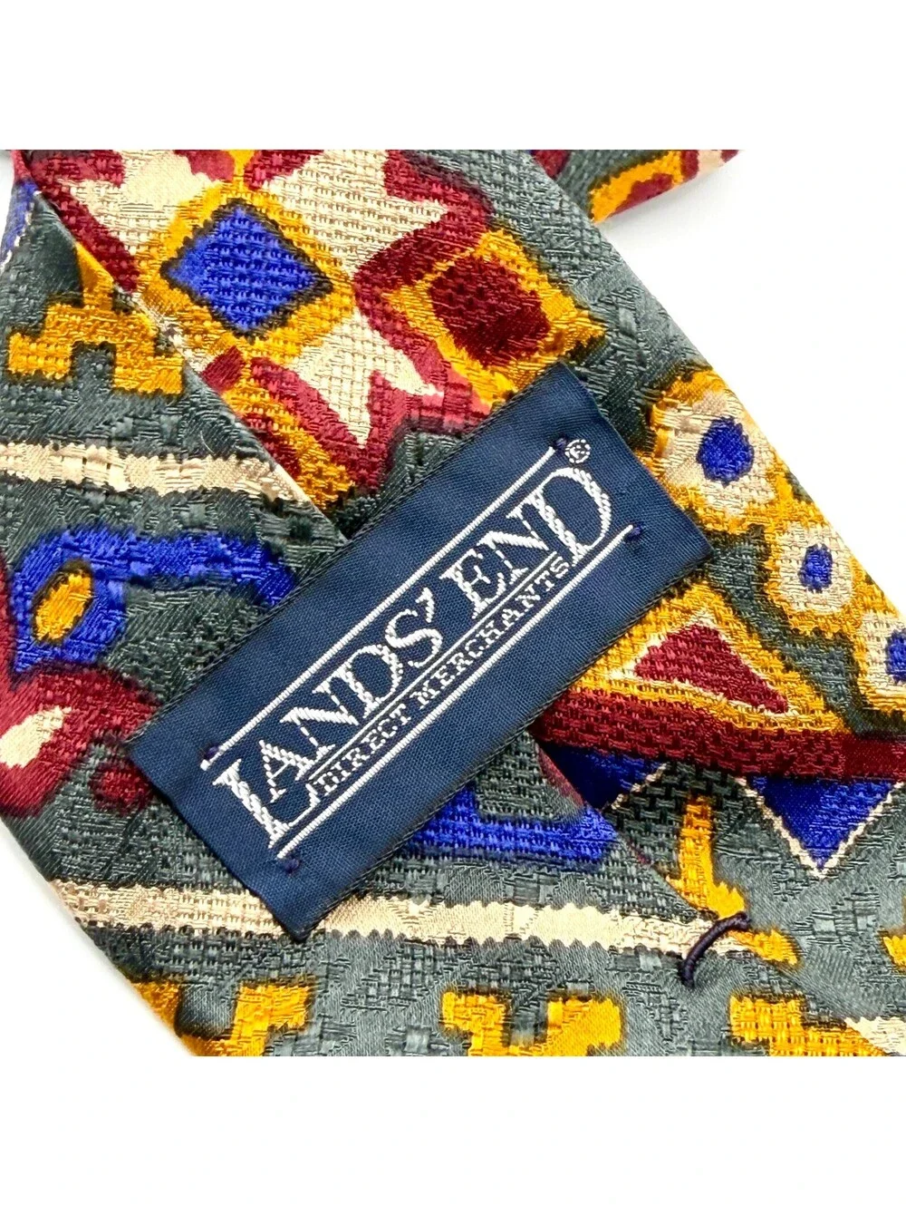 Vintage 90s Lands' End Green Silk Southwestern Kilim Necktie